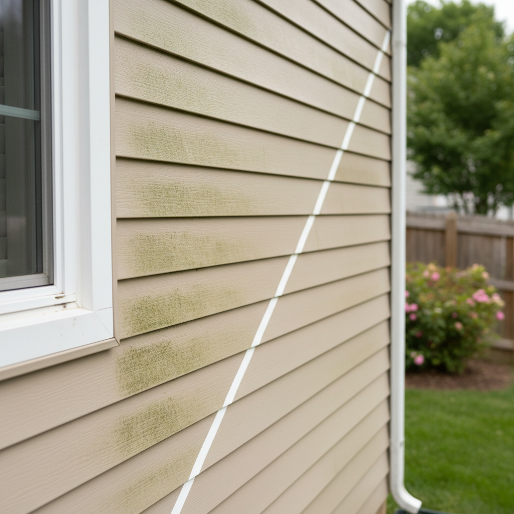 A close-up, photographic realism shot of a vinyl siding section on a Baltimore-area home, captured as a dramatic before-and-after of pressure washing. The left half of the frame shows dull, algae-streaked, and weathered siding, while the right half reveals bright, restored, and uniformly clean panels with crisp white trim. The background is softly blurred, hinting at a well-kept yard and fence. Overcast daylight provides diffused, even lighting, minimizing harsh shadows and emphasizing the contrast in cleanliness. The composition uses a diagonal division between the dirty and clean sections, creating a dynamic, professional look that highlights the effectiveness and precision of the exterior cleaning service.