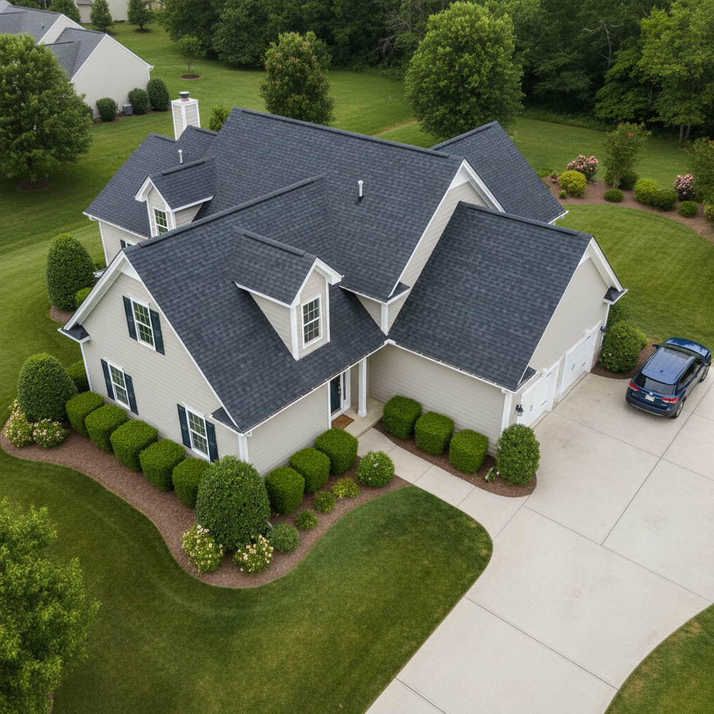 An aerial, bird’s-eye photographic realism view of a Baltimore County home’s roofline and gutter system immediately after professional gutter cleaning. The gutters are visibly free of leaves, debris, and standing water, with crisp white or dark aluminum surfaces running neatly along the roof edge. Below, a well-maintained yard, driveway, and landscaping create an organized, cared-for impression. Soft, diffused midday light from an overcast sky ensures even illumination and minimal glare on the metal surfaces. The composition emphasizes clean linear forms of gutters and downspouts, with sharp focus throughout, conveying functionality, protection against water damage, and the quiet assurance of preventative home maintenance done right the first time.