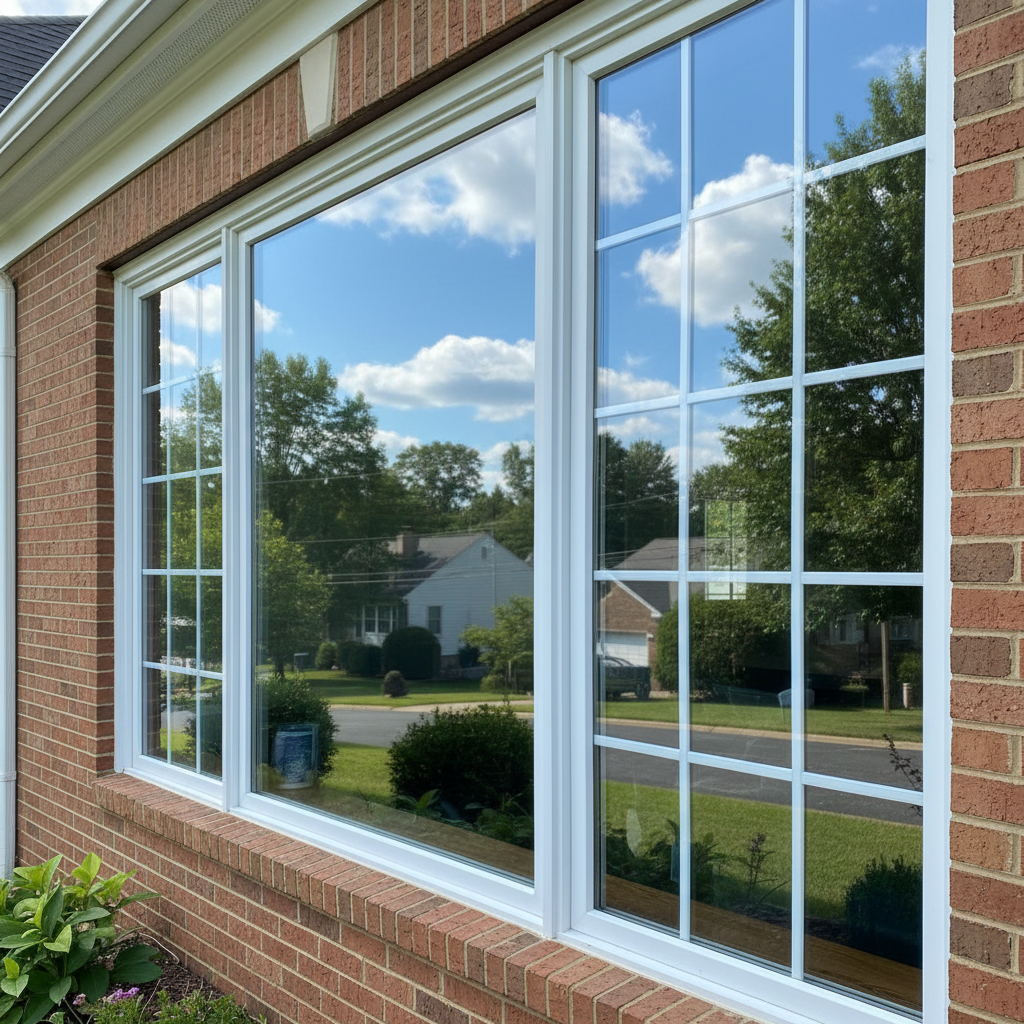 A sparkling, freshly cleaned set of large residential windows on a brick home in Central Maryland, shown from outside at a slight angle. The glass is crystal clear, with no streaks, smudges, or water spots, reflecting a bright blue sky, fluffy white clouds, and the green of nearby trees. The window frames are a clean white, contrasting with the warm red-brown brick. Soft morning sunlight grazes the surface, creating delicate highlights along the window edges and sill while casting subtle, tidy shadows beneath. Photographic realism with a medium focal length, shallow depth of field keeping the windows sharp and the garden and neighboring houses gently blurred, evoking a professional, meticulous, and inviting atmosphere.